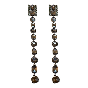 Elegant long square fringe earrings with dark grey crystals and silver needle studs