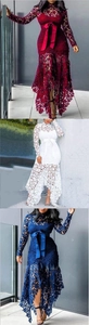 Detailed lace texture and irregular hemline on elegant high-neck long sleeve dresses