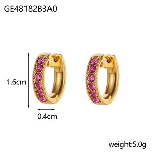 Detail view of gold hoop earrings with pink cubic zirconia inlay showing 1.6cm height size