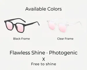 Detail view of square sunglasses with black and clear frames and pink gradient lenses