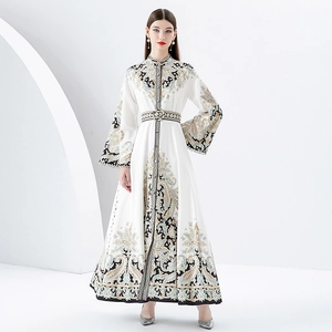 Robe Longue Élégante À Imprimé Cachemire Pour Femmes Col Montant Manches Évasées Ceinturée Style Palais Ethnique Vintage