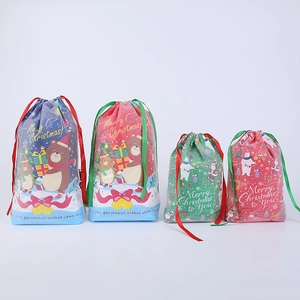 Christmas drawstring gift bags in multiple sizes with festive Santa and snowflake prints