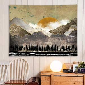 Artistic mountain landscape tapestry hanging above a wooden cabinet in a cozy bedroom