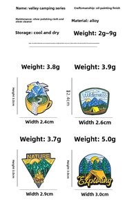 Detailed size specifications for Valley Camping Series enamel pins with alloy materials
