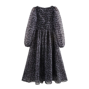 French vintage leopard print organza dress with square neck and pleated long waist