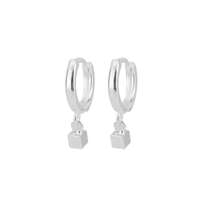 Elegant S925 sterling silver hoop earrings with geometric square cube charm pendants