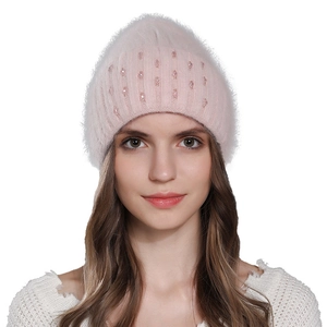 Women's pink knit rabbit fur winter hat with shimmering sequins and plush texture