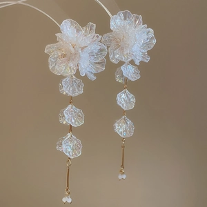 Elegant acrylic flower tassel earrings with iridescent petals and silver needle studs