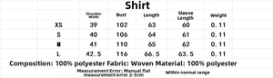 Detailed size chart for elegant chiffon shirt with geometric print and pleat details