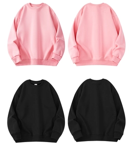 Flat lay of pink and black crewneck sweatshirts showing front and back views in 4-grid layout