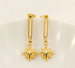 Macro shot of 18k gold starburst earrings with white zircon on a ceramic dish