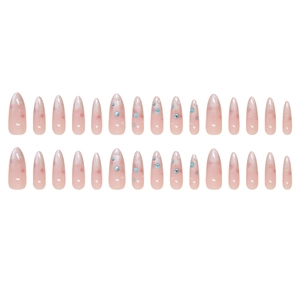 Pink cat eye press-on nails with glitter gradient and blue rhinestones, 24-piece almond set