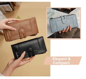 Detail view of long leather wallet with secure zipper and snap buckle for women