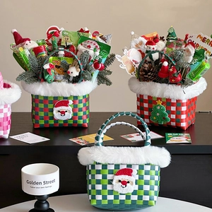 Christmas plush gift baskets with checkered weave patterns and Santa Claus decorations