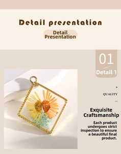 Macro shot of 30mm square resin pendant with real dried flowers and gold textured frame