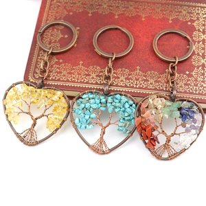 Set of three vintage Tree of Life heart keychains with natural crystal stone chips
