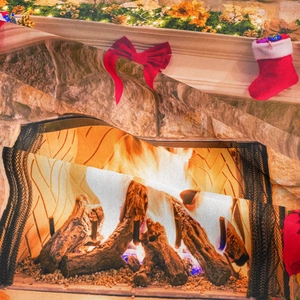 Detailed view of soft polyester fabric texture and festive fireplace digital printing