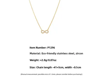Détail du collier infini plaqué or 18 carats avec zircon et dimensions de la chaîne incluses