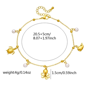 Gold stainless steel anklet with sea turtle octopus whale charms and pearl beads