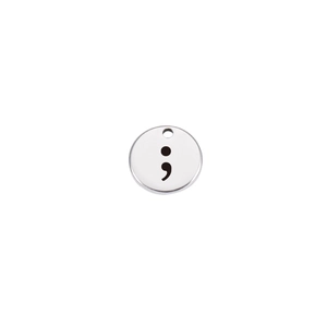 Polished stainless steel round pendant with black semicolon laser engraving on white background