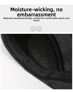 Detail of widened sweatband and breathable herringbone fabric in men's newsboy cap