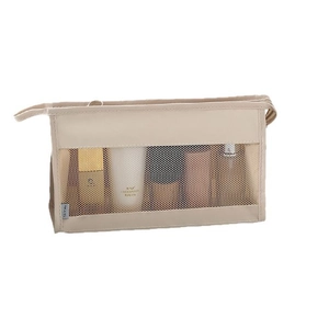Minimalist beige mesh travel makeup bag with large capacity and portable handle for toiletries