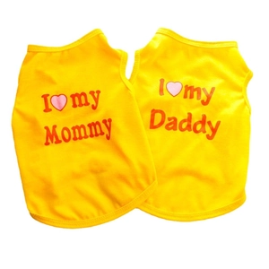 Set of two bright yellow cotton puppy vests featuring Mommy and Daddy heart slogans