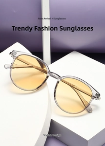 Detail view of round grey frames with vibrant orange lenses on a minimalist display