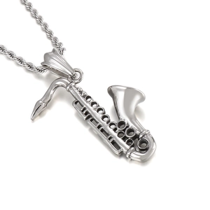 Polished stainless steel saxophone pendant necklace for men in silver finish