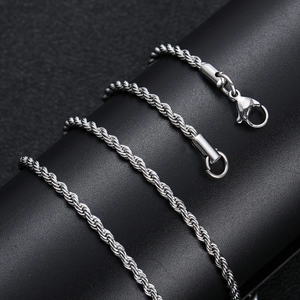 Silver stainless steel twist chain necklace with lobster clasp on dark background