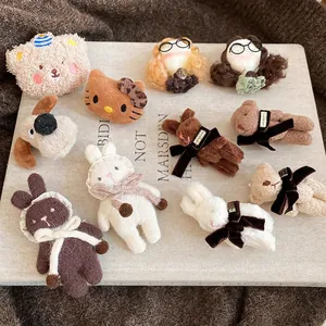 Handmade Cartoon Animal Plush Brooch Pin Flocking Bear Cat Rabbit Dog Badge For Women Winter Clothes Accessories