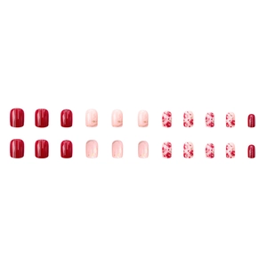 24pcs short square gradient rose red nails with gold edges and floral patterns