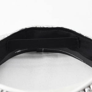 Detail of the silver sequin hat showing black lining and elastic band for a secure fit