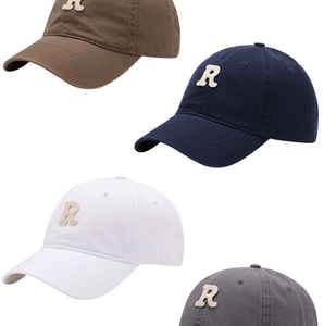 Detail of R letter baseball caps in coffee, navy, white and grey colors