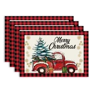 Set of 4 Christmas placemats with red truck and tree, red and black buffalo check border