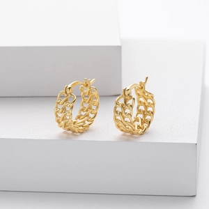 Polished gold S925 silver chunky twisted link chain hoop earrings for women in 3D design