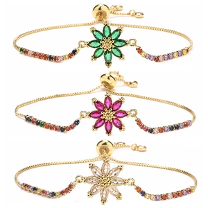 French Style Flower Adjustable Bracelet Gold Plated Copper Colorful Zircon Rainbow Rhinestone Slider Jewelry For Women