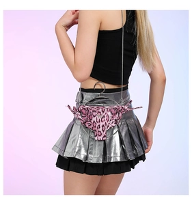 Pink leopard print novelty panty-shaped crossbody bag with a slim metal chain strap
