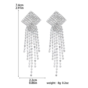 Sparkling silver fringe drop earrings with square rhinestones and geometric long tassels