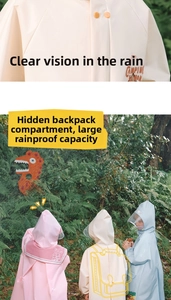 Kids EVA raincoat with wide transparent brim and expandable backpack space in forest