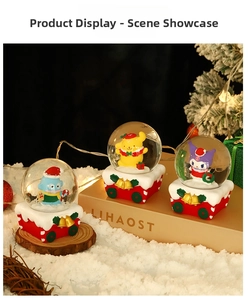 Christmas crystal ball ornaments with snowman and tree figures in a cozy holiday scene