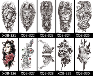 Collection of black temporary flower and animal tattoos featuring lion, tiger and wolf designs
