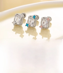 Detailed specs of square zircon stud earrings in white, light blue and pink tones