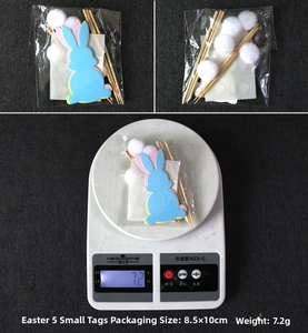 Detailed view of DIY Easter bunny cake toppers with packaging size and weight measurement