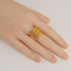 Irregular hollow gold-plated stainless steel wide ring in organic mesh design