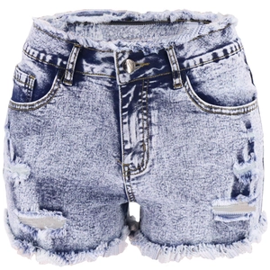 Detail of light blue acid wash denim shorts featuring frayed hems and distressed accents