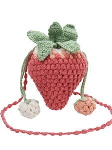 Cute handmade crochet strawberry bucket bag with drawstring closure and green leaf detail
