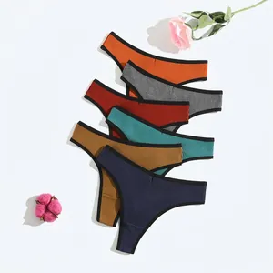 Women Thong Panties Ribbed Cotton Elastane Blend Breathable Low Waist T-Back Solid Color Soft Underwear