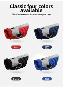 Winter dog coats in red, navy, black and blue with metal D-rings for large dogs
