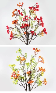 Close-up of artificial red and orange berry branches with realistic stem textures